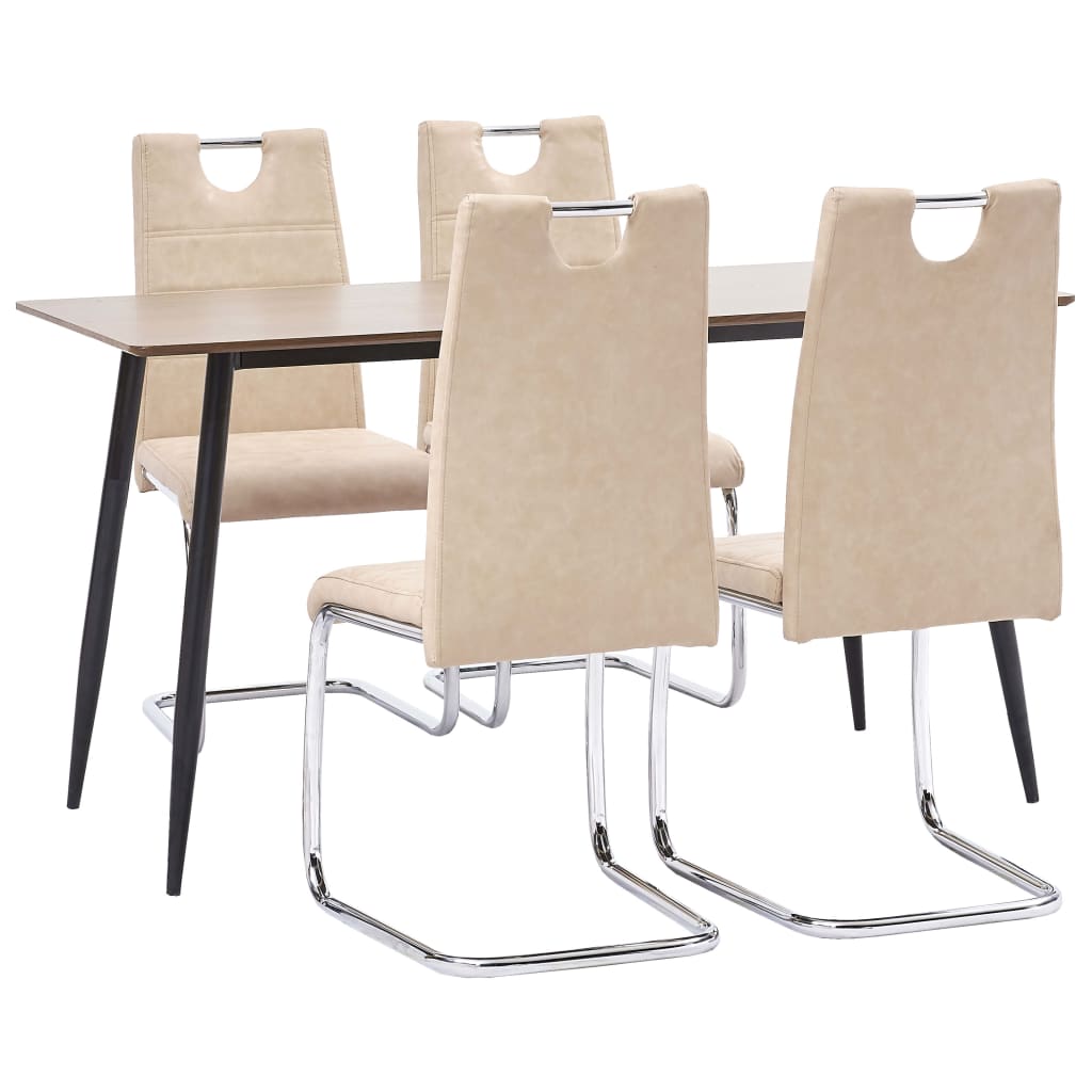 Set de 5 piese masa cu 4 scaune consola de bucatarie, vidaXL, Piele ecologica/MDF/Otel, 140 x 70 x 75 cm, Crem