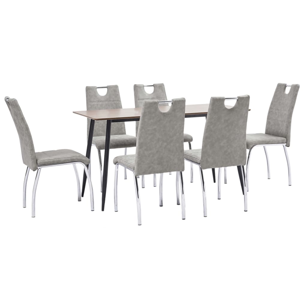Set de 7 piese masa cu 6 scaune de bucatarie, vidaXL, Piele ecologica/MDF/Otel, 140 x 70 x 75cm, Gri deschis
