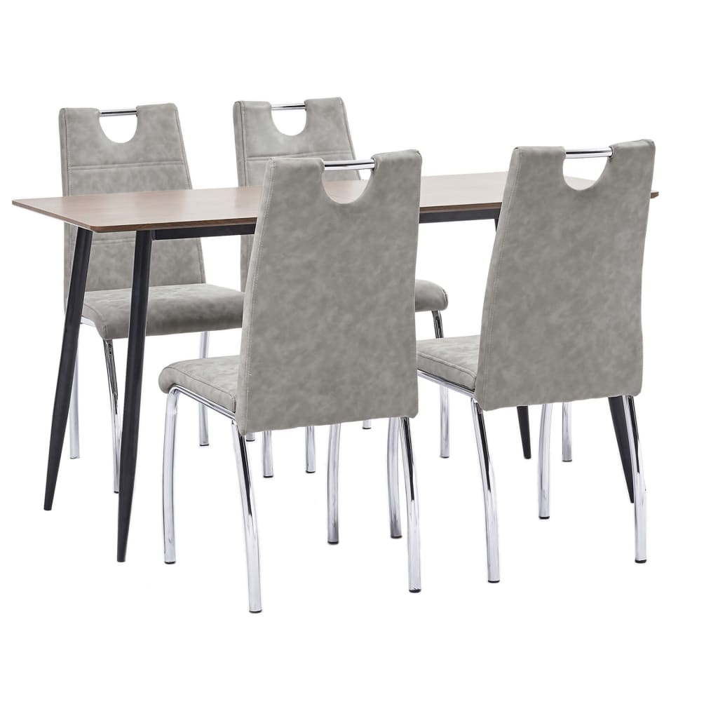Set de 5 piese masa cu 4 scaune de bucatarie, vidaXL, Piele ecologica/MDF/Otel, 140 x 70 x 75cm, Gri deschis