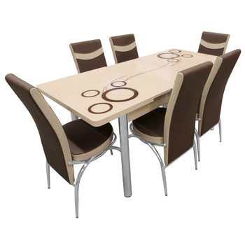 Set masa extensibila cu 6 scaune piele eco blat geam securizat Home-Global , 170x80x70 cm , Maro/Bej