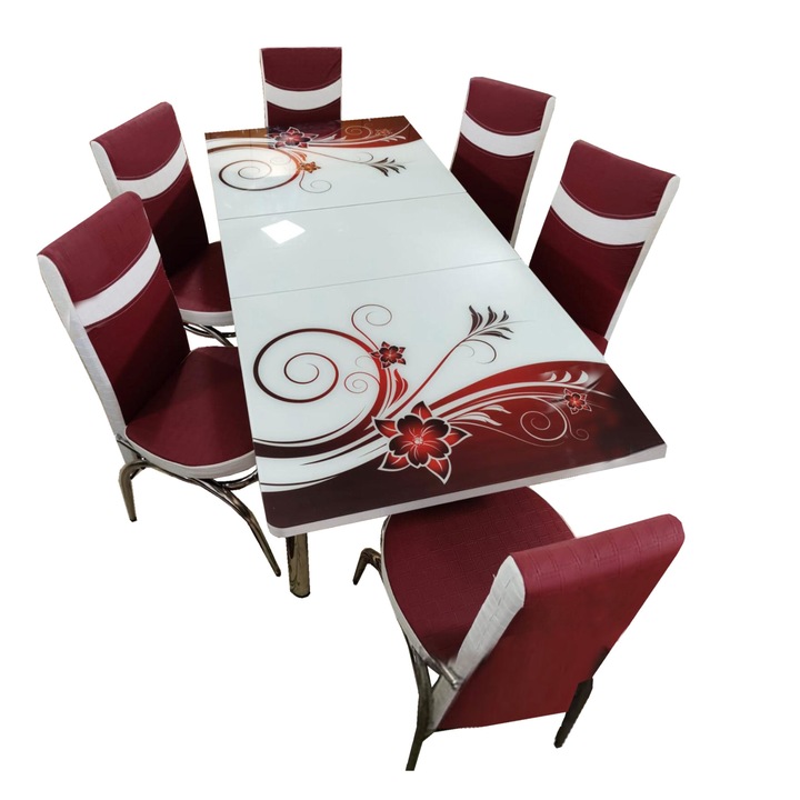 Set masa extensibila cu 6 scaune piele eco blat geam securizat Home-Global , 170x80x70 cm , Alb/Visiniu