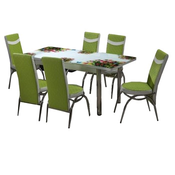 Set masa extensibila cu 6 scaune piele eco blat geam securizat Home-Global , 170x80x70 cm , Verde/alb