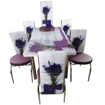 Set masa extensibila cu 6 scaune piele eco blat geam securizat Home-Global , 170x80x70 cm , mov/alb