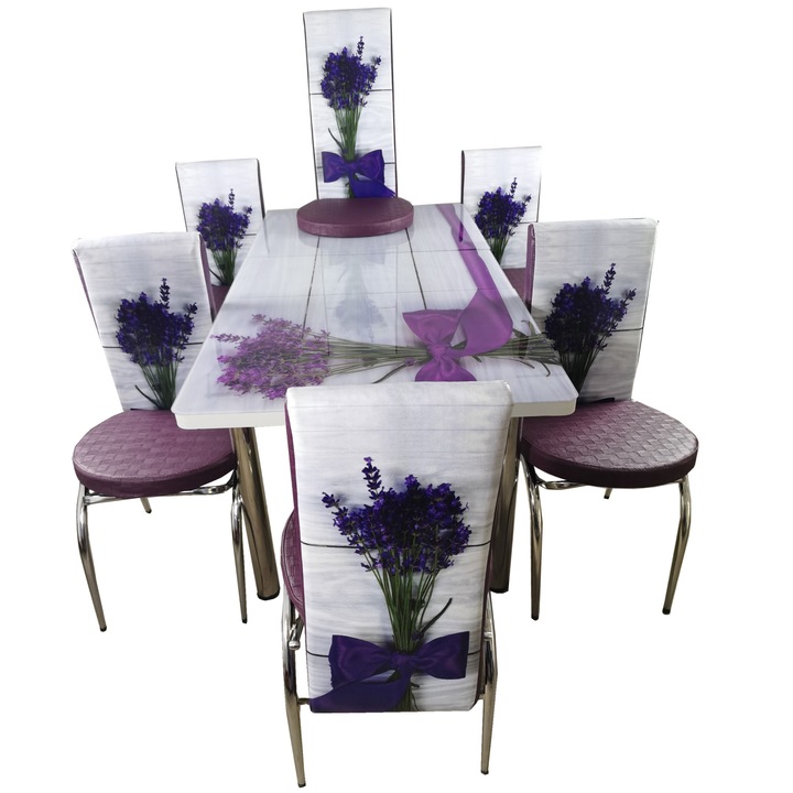 Set masa extensibila cu 6 scaune piele eco blat geam securizat Home-Global , 170x80x70 cm , mov/alb