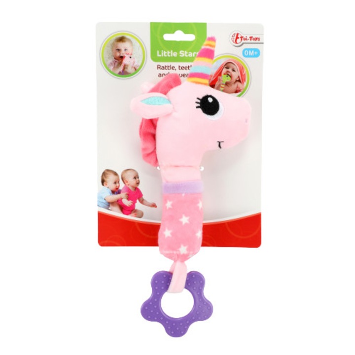 Дрънкалка еднорог с гризалка Toi-Toys, за успокояване на бебешките венци, Розов