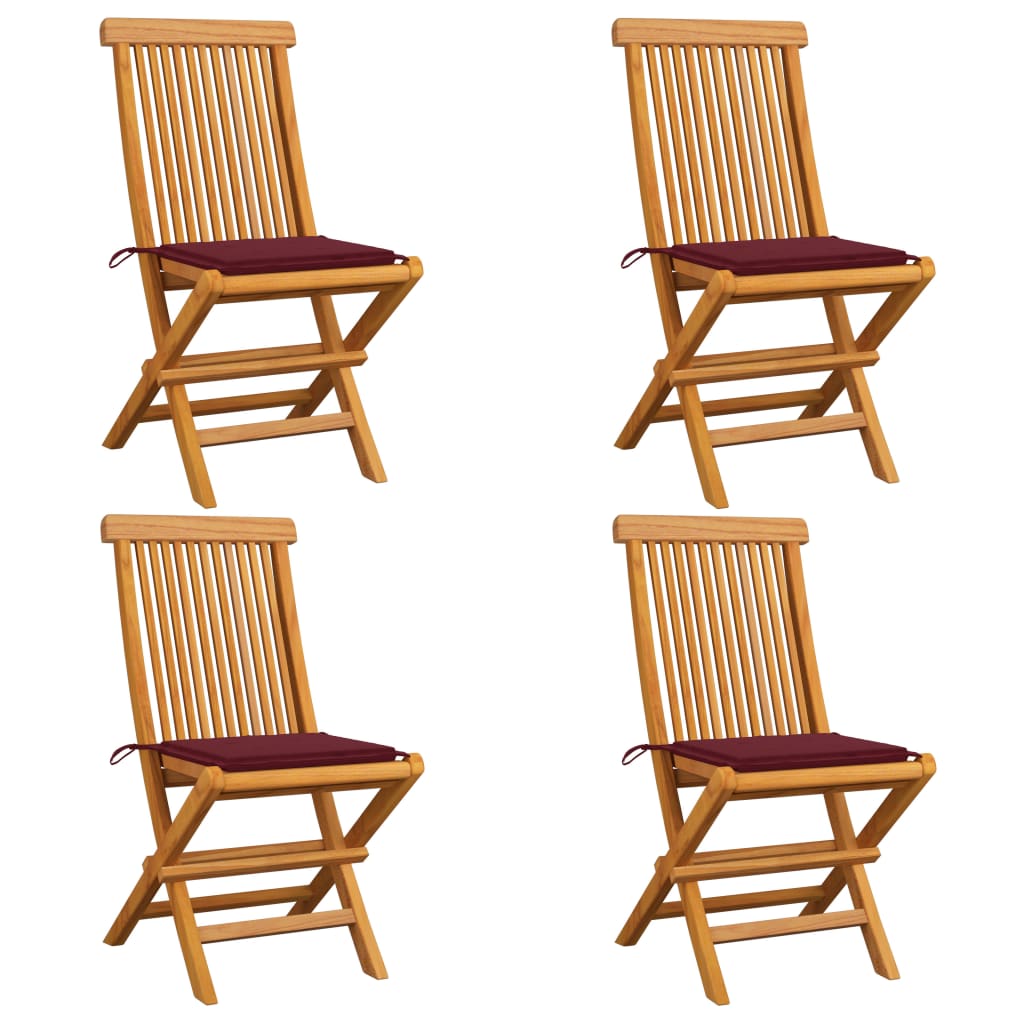 Set de 4 scaune de exterior cu perne colorate, vidaXL, Lemn de tec, 47 x 60 x 89 cm, Rosu inchis