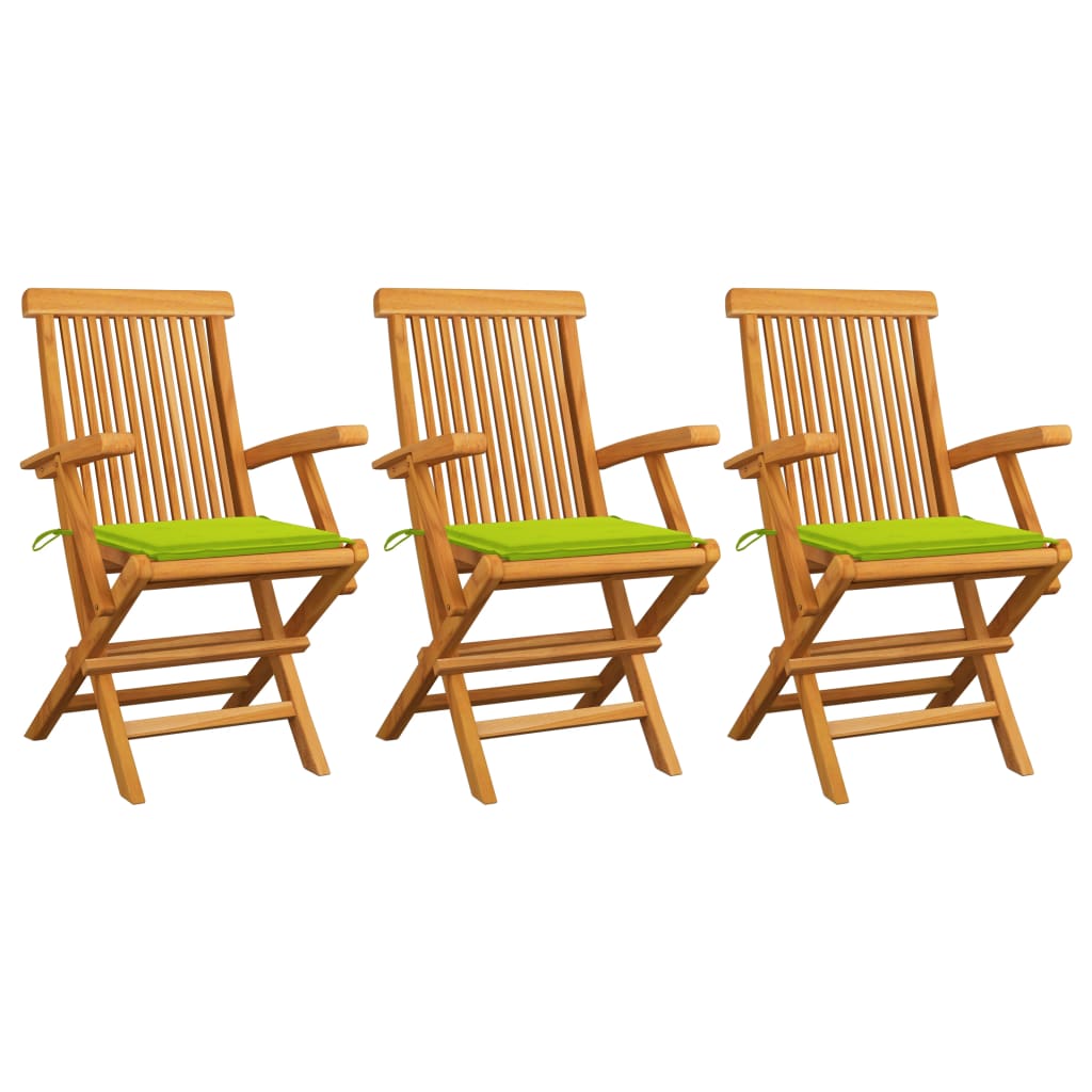 Set de 3 scaune de exterior cu maner cu perne colorate, vidaXL, Lemn de tec, 55 x 60 x 89 cm, Verde