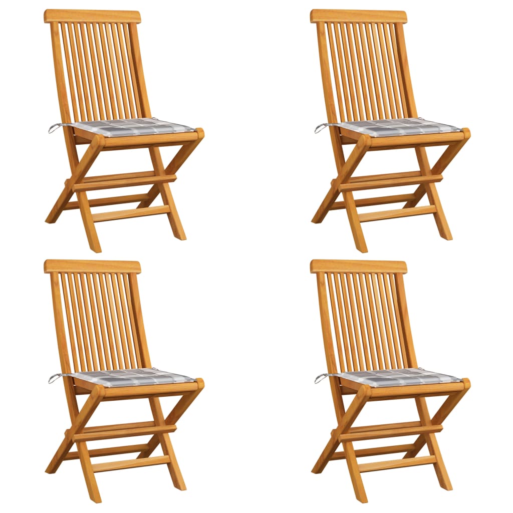 Set de 4 scaune de exterior cu perne cu model cu carouri, vidaXL, Lemn de tec, 47 x 60 x 89 cm, Alb/Gri