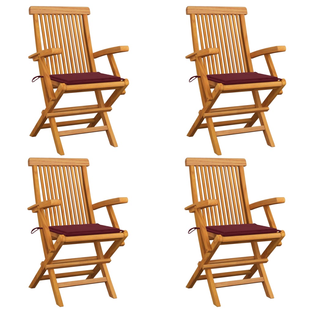 Set de 4 scaune cu maner de exterior cu perne colorate, vidaXL, Lemn de tec, 55 x 60 x 89 cm, Rosu inchis