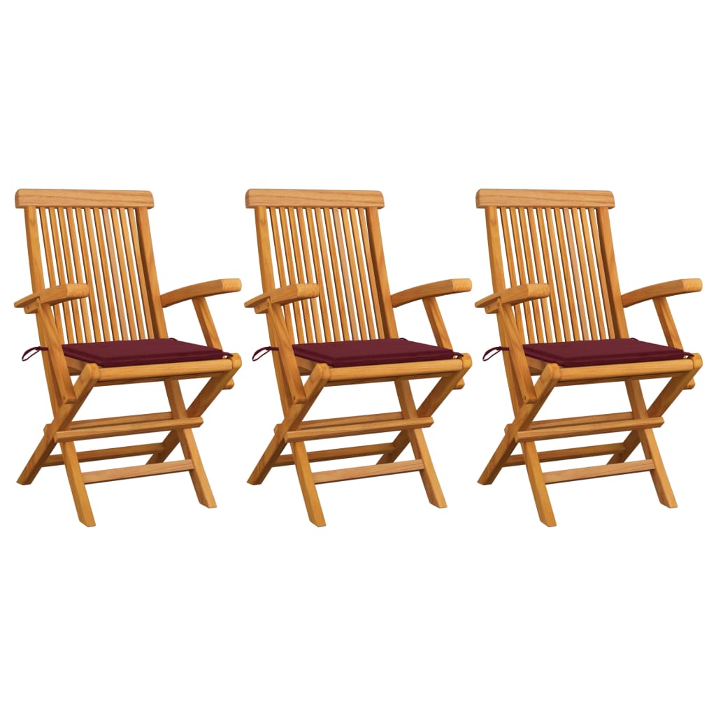 Set de 3 scaune de exterior cu maner cu perne colorate, vidaXL, Lemn de tec, 55 x 60 x 89 cm, Rosu inchis