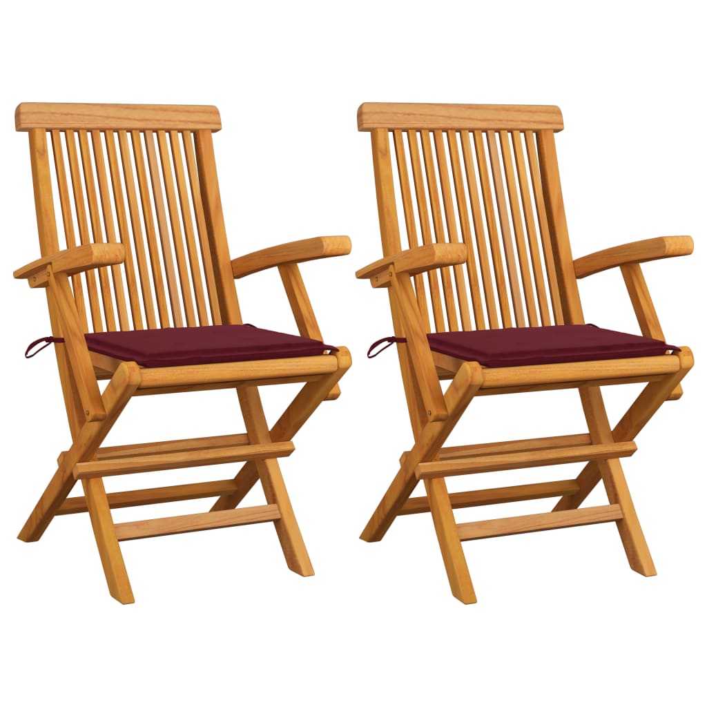 Set de 2 scaune de exterior cu maner cu perne colorate, vidaXL, Lemn de tec, 55 x 60 x 89 cm, Rosu inchis