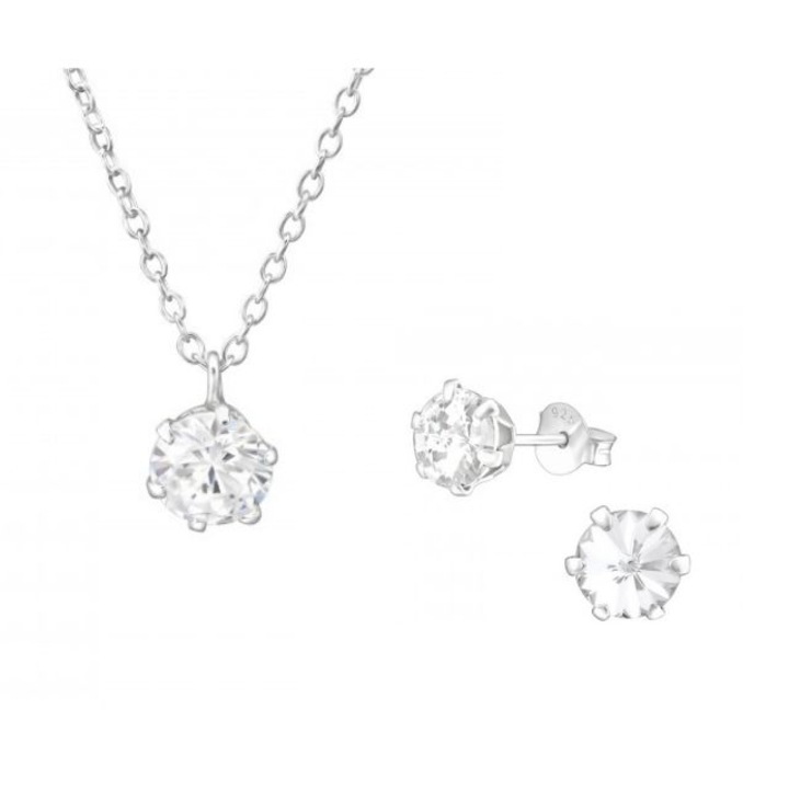 Комплект кристални обеци и колие от сребро проба 925, цвят сребро, включена кутия за бижута