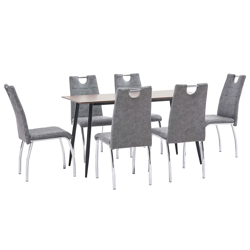 Set de 7 piese masa cu 6 scaune de bucatarie, vidaXL, Piele ecologica/MDF/Otel, 140 x 70 x 75cm, Gri inchis