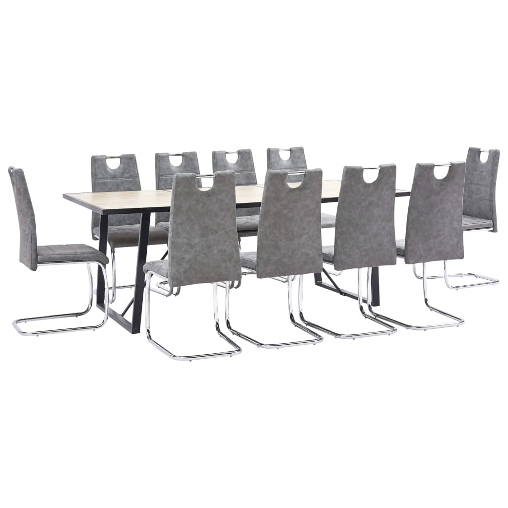 Set de 11 piese masa cu 10 scaune consola de bucatarie, vidaXL, Piele ecologica/Lemn stejar/Otel, 200 x 100 x 75 cm, Gri inchis