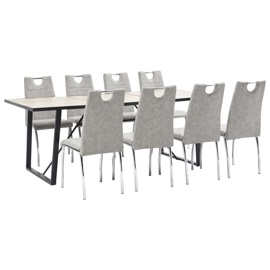 Set de 9 piese masa cu 8 scaune de bucatarie, vidaXL, Piele ecologica/Lemn stejar/Otel, 200 x 100 x 75 cm, Gri deschis