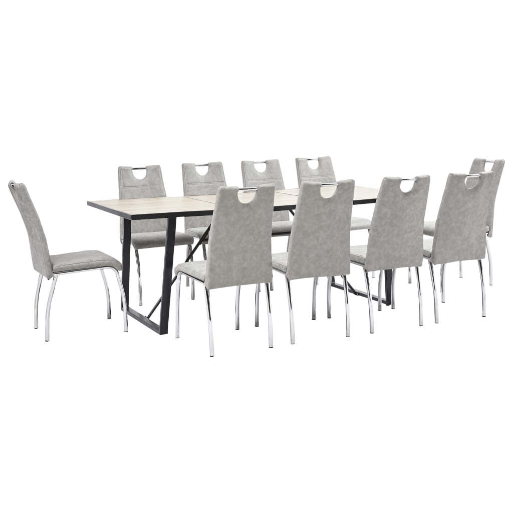 Set de 11 piese masa cu 10 scaune de bucatarie, vidaXL, Piele ecologica/Lemn stejar/Otel, 200 x 100 x 75 cm, Gri deschis