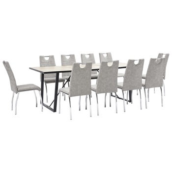 Set de 11 piese masa cu 10 scaune de bucatarie, vidaXL, Piele ecologica/Lemn stejar/Otel, 200 x 100 x 75 cm, Gri deschis Set de 11 piese masa cu 10 scaune de bucatarie, vidaXL, Piele ecologica/Lemn stejar/Otel, 200 x 100 x 75 cm, Gri deschis