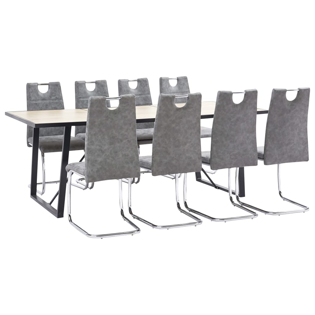 Set de 9 piese masa cu 8 scaune consola de bucatarie, vidaXL, Piele ecologica/Lemn stejar/Otel, 200 x 100 x 75 cm, Gri inchis