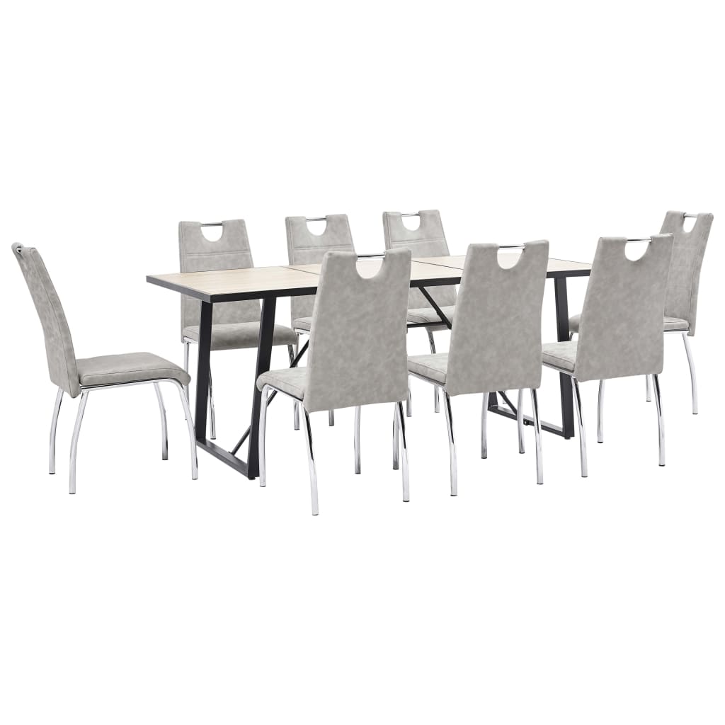 Set de 9 piese masa cu 8 scaune bucatarie, vidaXL, Piele ecologica/Lemn stejar/Otel, 180 x 90 x 75cm, Gri deschis