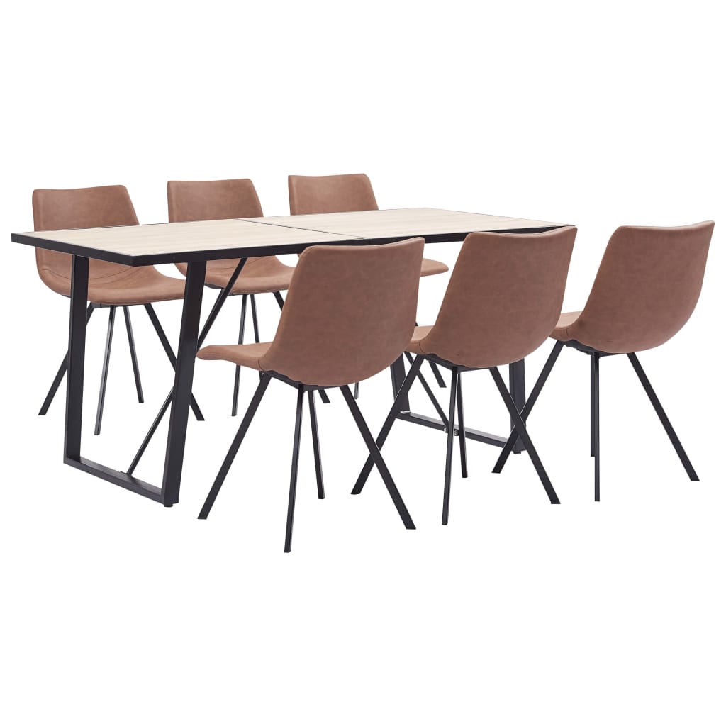 Set de 7 piese masa cu 6 scaune bucatarie, vidaXL, Piele artificiala/Lemn stejar/Otel, 160 x 80 x 75cm, Maro mat