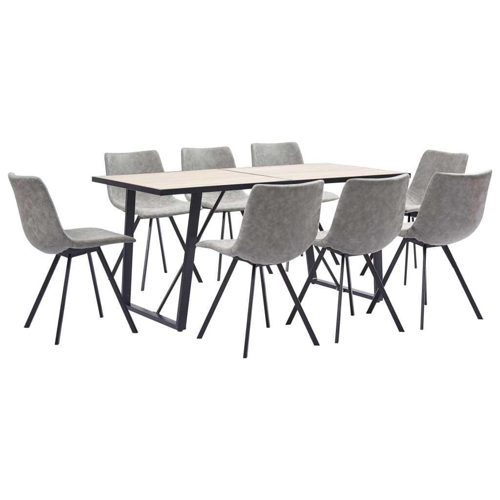 Set de 9 piese masa cu 8 scaune bucatarie, vidaXL, Piele artificiala/Lemn stejar/Otel, 160 x 80 x 75cm, Gri deschis mat