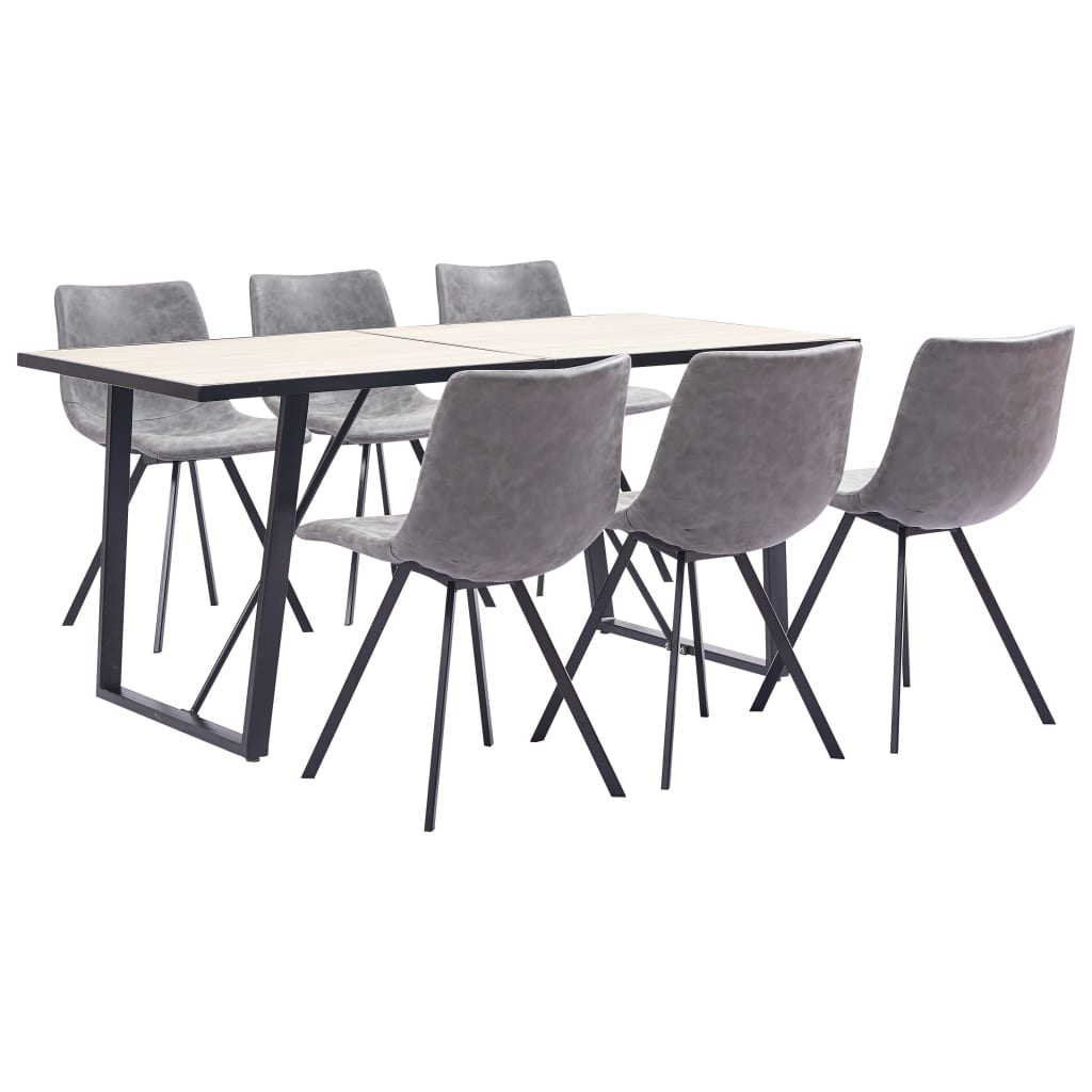 Set de 7 piese masa cu 6 scaune bucatarie, vidaXL, Piele artificiala/Lemn stejar/Otel, 160 x 80 x 75cm, Gri inchis mat