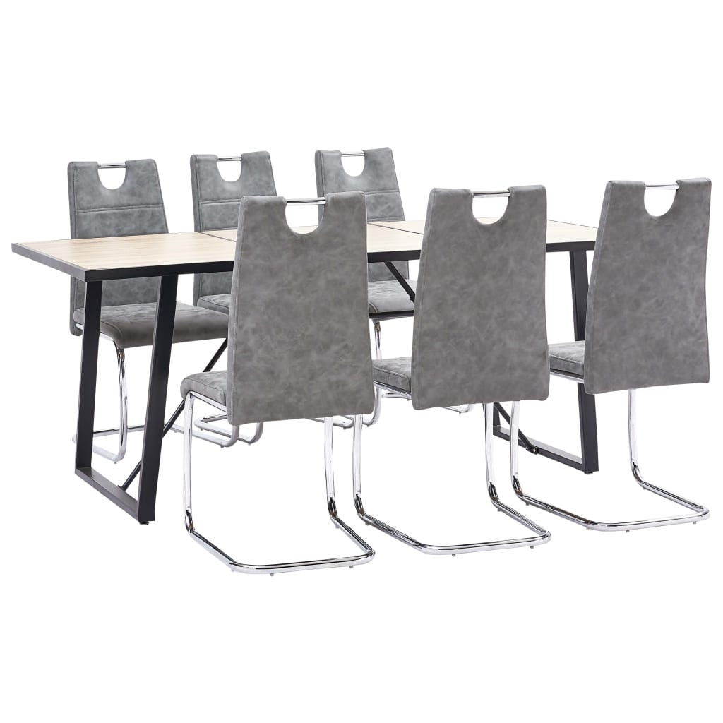 Set de 7 piese masa cu 6 scaune consola de bucatarie, vidaXL, Piele ecologica/Lemn stejar/Otel, 180 x 90 x 75 cm, Gri inchis