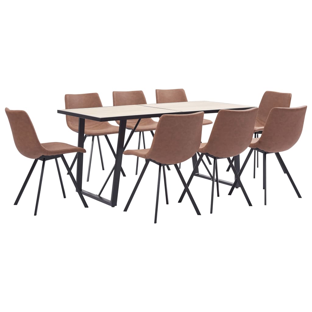 Set de 9 piese masa cu 8 scaune bucatarie, vidaXL, Piele artificiala/Lemn stejar/Otel, 160 x 80 x 75cm, Maro mat