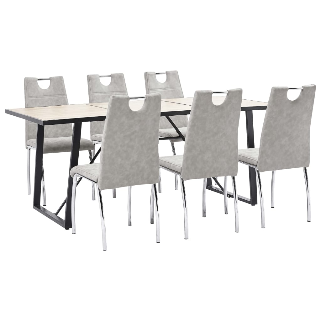 Set de 7 piese masa cu 6 scaune bucatarie, vidaXL, Piele ecologica/Lemn stejar/Otel, 180 x 90 x 75cm, Gri deschis