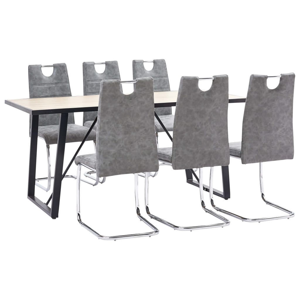Set de 7 piese masa cu 6 scaune consola de bucatarie, vidaXL, Piele ecologica/Lemn stejar/Otel, 160 x 80 x 75cm, Gri inchis