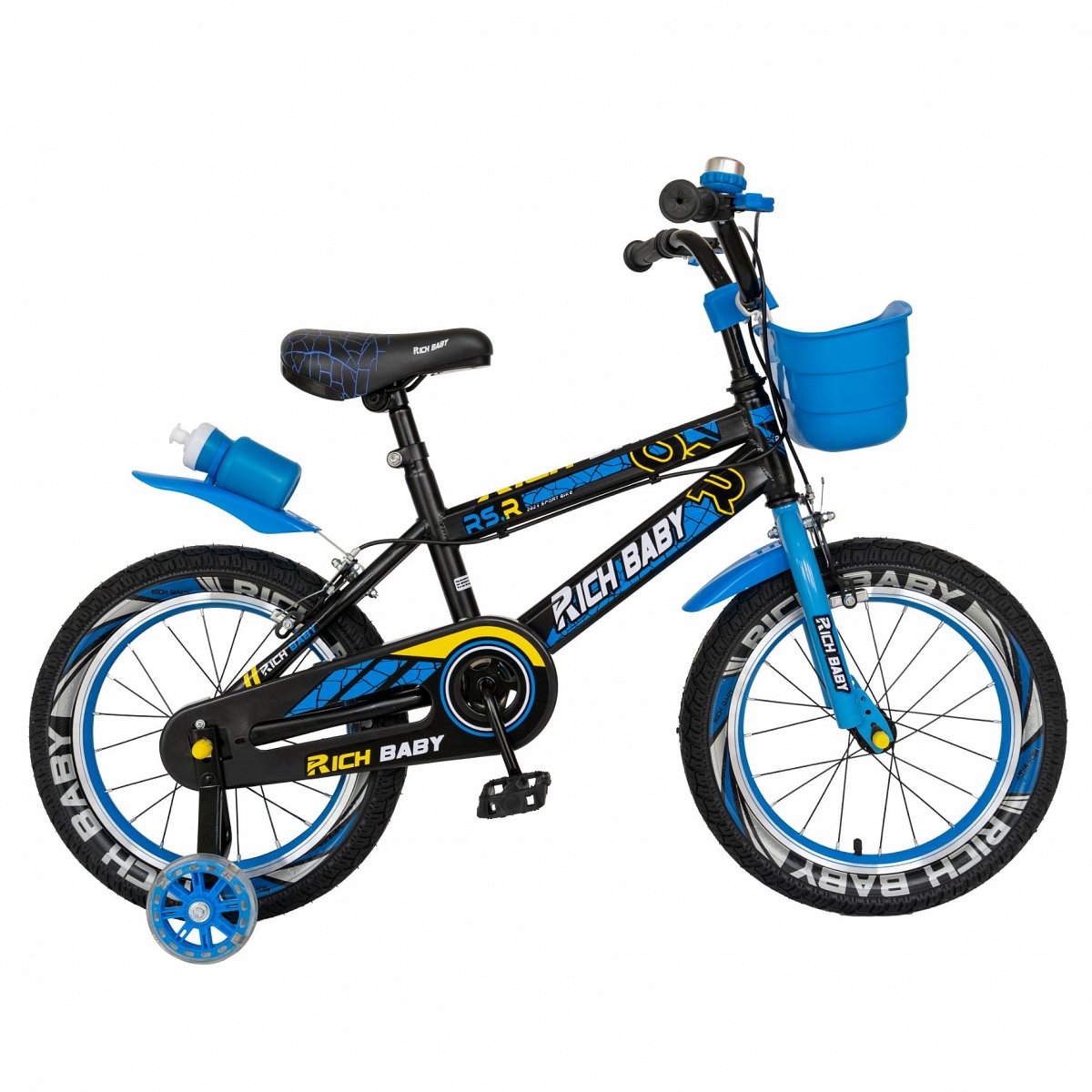 Bicicleta MTB pentru copii cu roti ajutatoare, frane C-brake, cos plastic, negru/albastru, Rich Baby RS Genius cu roti de 16 inch pentru varsta 4/6 ani