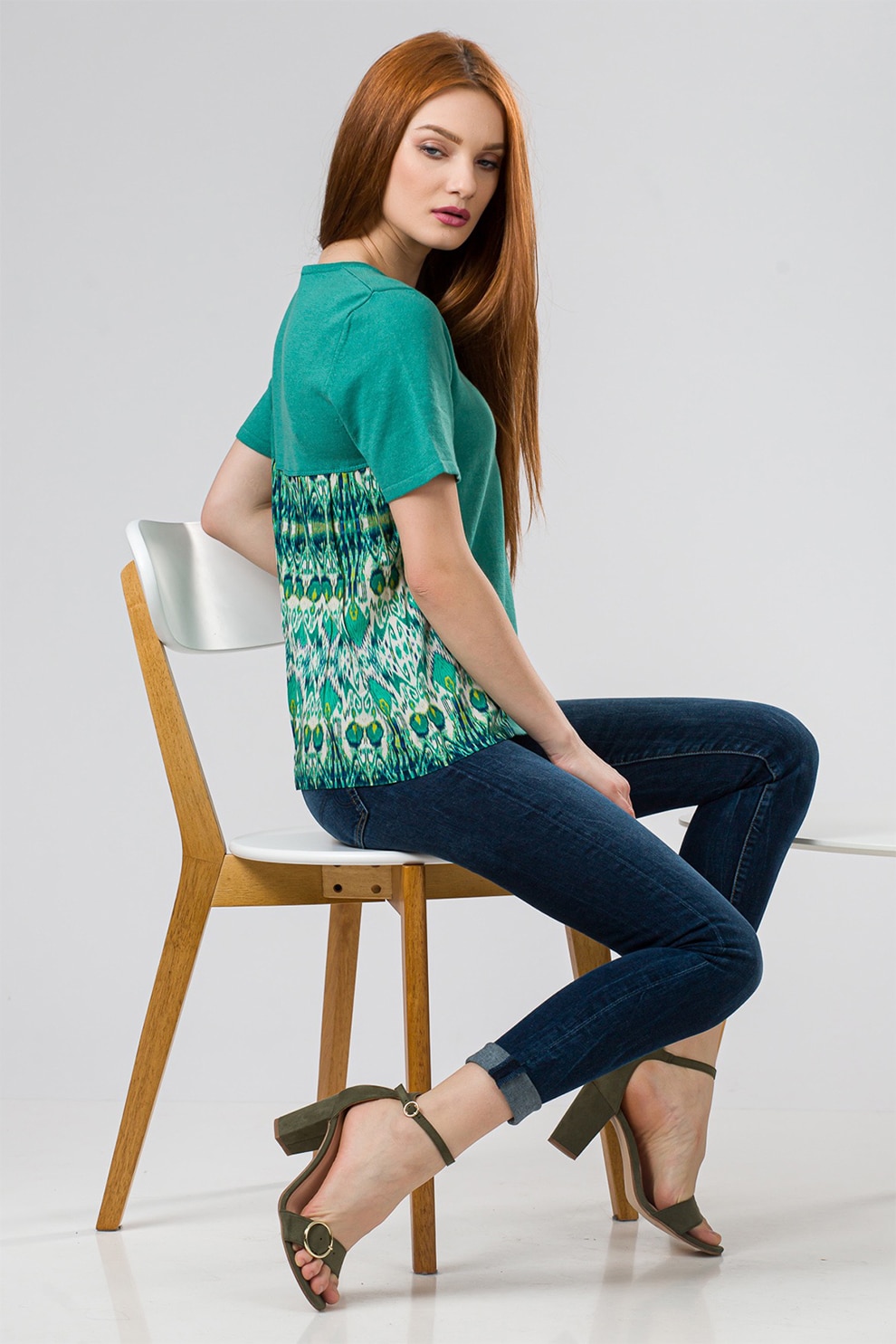 Sense, Bluza cu maneci scurte si segment cu model, Verde persan/Alb