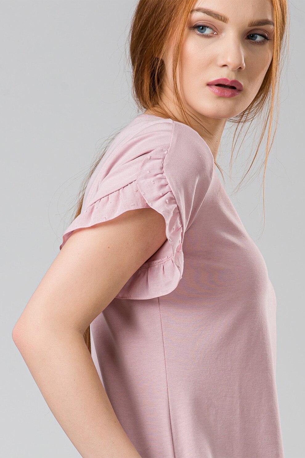 Sense, Tricou din amestec de bambus cu decolteu in V si maneci cu volane, Roz pastel