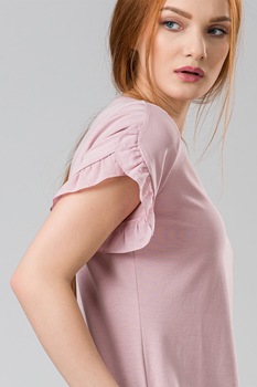Sense, Tricou din amestec de bambus cu decolteu in V si maneci cu volane, Roz pastel Sense, Tricou din amestec de bambus cu decolteu in V si maneci cu volane, Roz pastel