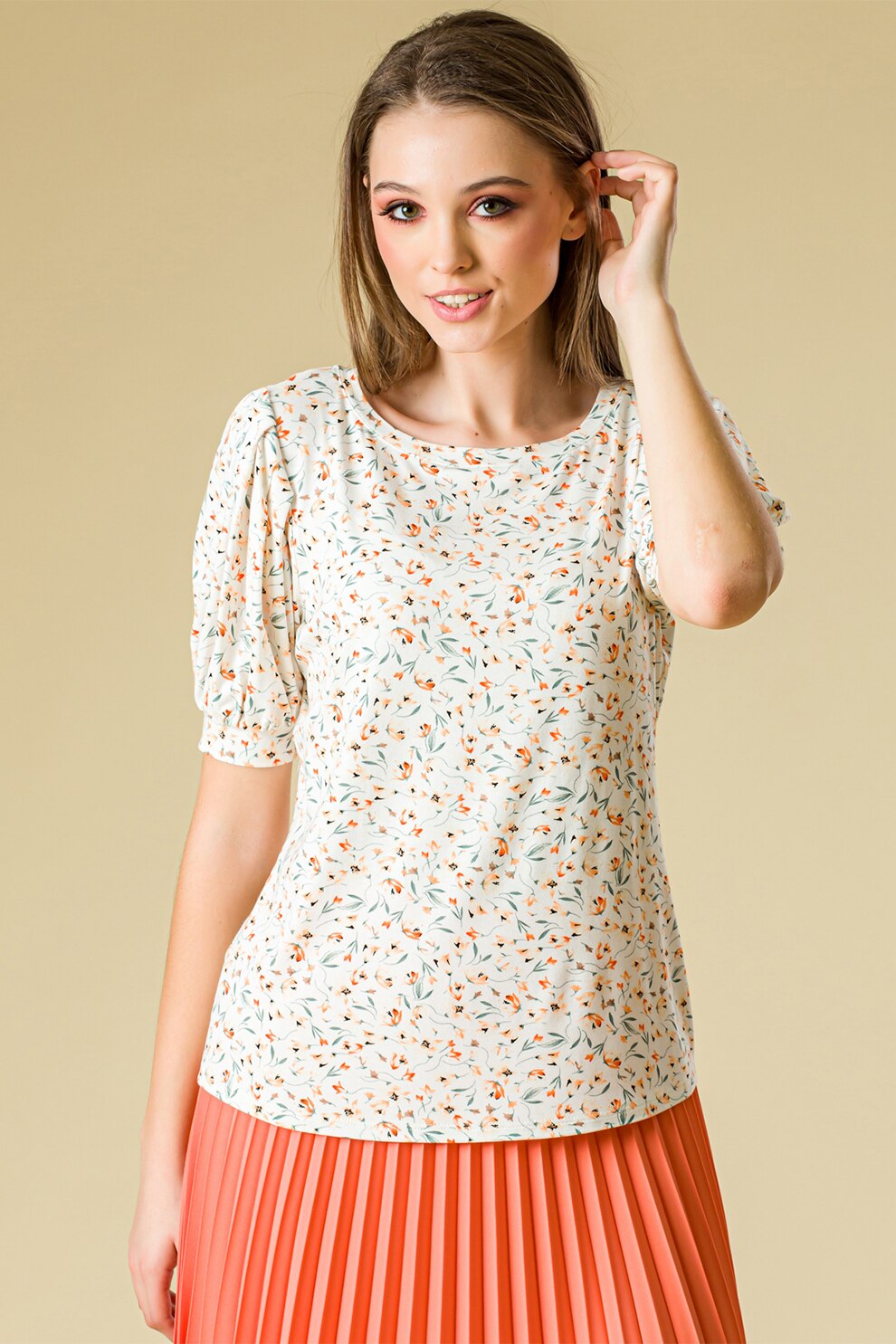 Sense, Tricou cu model floral, Alb/Verde sparanghel/Oranj