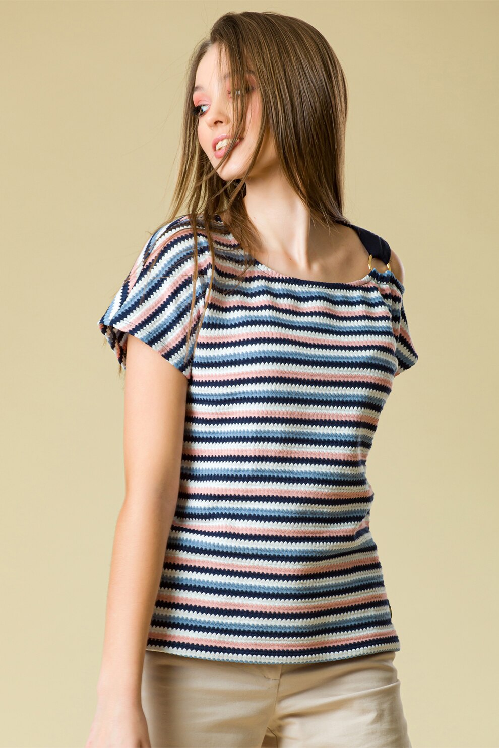 Sense, Tricou cu model in dungi si inel, Bleumarin/Alb/Roz piersica, S