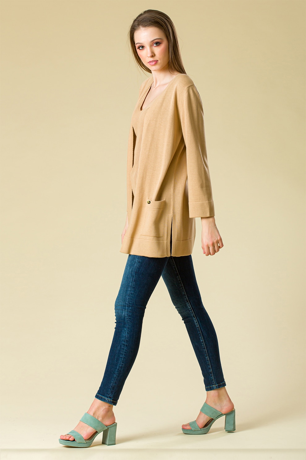 Sense, Cardigan tricotat fin cu buzunare frontale, Maro camel, S