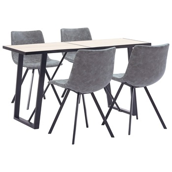 Set de 5 piese masa cu 4 scaune de bucatarie, vidaXL, Piele ecologica/Lemn stejar si MDF/Otel, 140 x 70 x 75cm, Gri inchis Set de 5 piese masa cu 4 scaune de bucatarie, vidaXL, Piele ecologica/Lemn stejar si MDF/Otel, 140 x 70 x 75cm, Gri inchis
