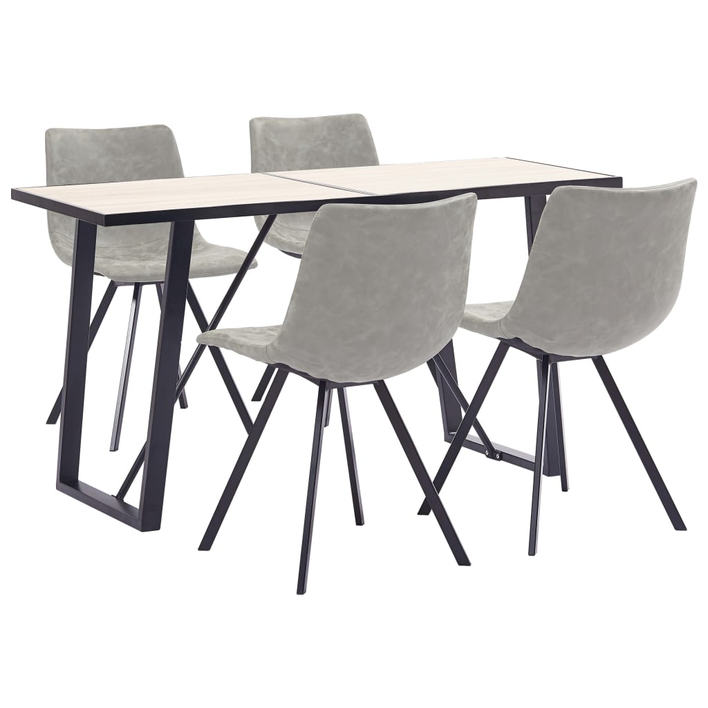 Set de 5 piese masa cu 4 scaune de bucatarie, vidaXL, Piele ecologica/Lemn stejar si MDF/Otel, 140 x 70 x 75cm, Gri deschis