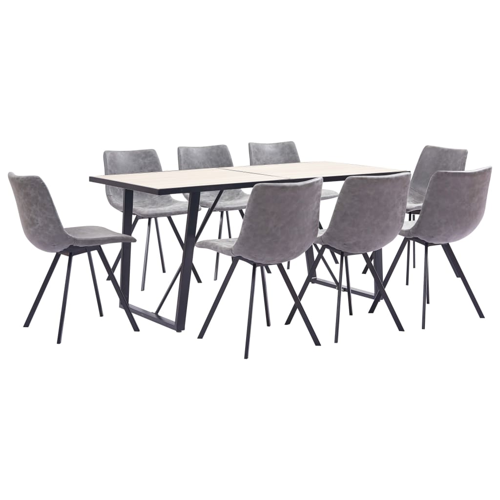 Set de 9 piese masa cu 8 scaune bucatarie, vidaXL, Piele artificiala/Lemn stejar/Otel, 160 x 80 x 75cm, Gri inchis mat