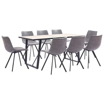 Set de 9 piese masa cu 8 scaune bucatarie, vidaXL, Piele artificiala/Lemn stejar/Otel, 160 x 80 x 75cm, Gri inchis mat Set de 9 piese masa cu 8 scaune bucatarie, vidaXL, Piele artificiala/Lemn stejar/Otel, 160 x 80 x 75cm, Gri inchis mat