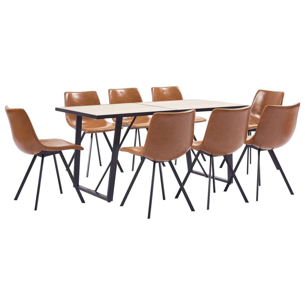 Set de 9 piese masa cu 8 scaune bucatarie, vidaXL, Piele artificiala/Lemn stejar/Otel, 160 x 80 x 75cm, Maro lucios