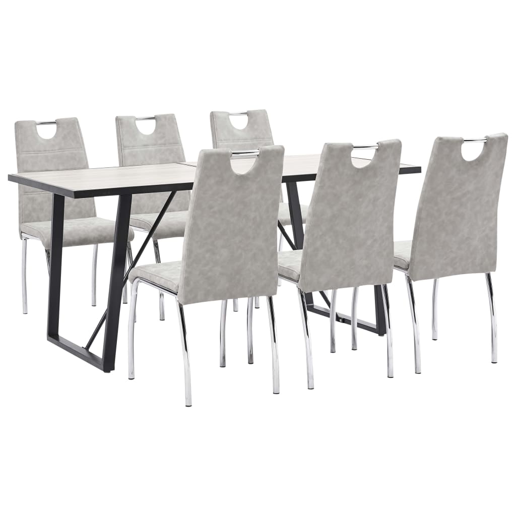 Set de 9 piese masa cu 8 scaune consola bucatarie, vidaXL, Piele ecologica/Lemn stejar/Otel, 160 x 80 x 75cm, Gri deschis