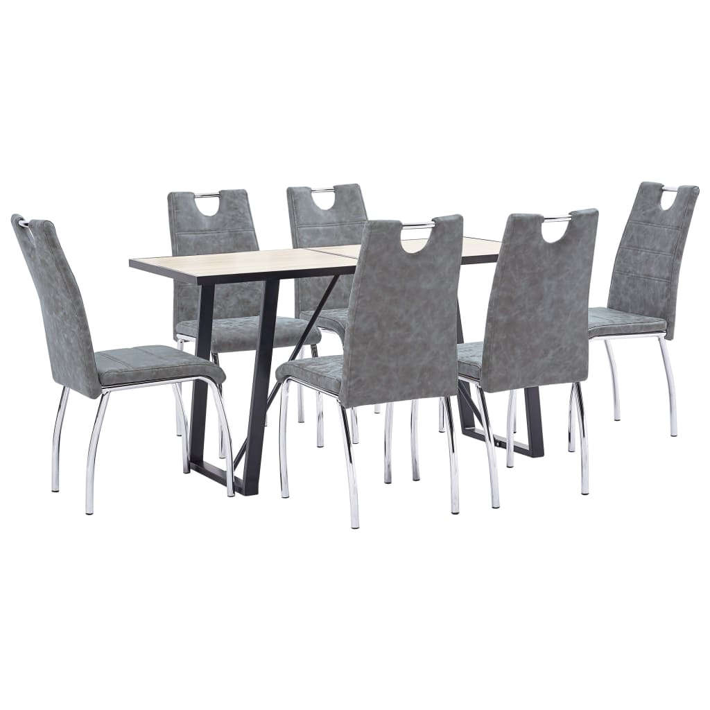 Set de 7 piese masa cu 6 scaune de bucatarie, vidaXL, Piele ecologica/Lemn stejar/Metal, 140 x 70 x 75 cm, Gri inchis