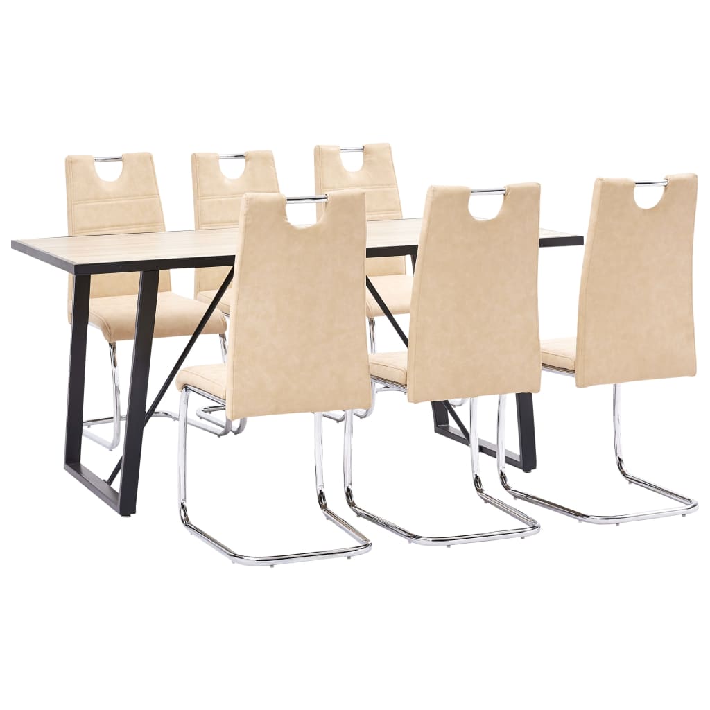 Set de 7 piese masa cu 6 scaune consola de bucatarie, vidaXL, Piele ecologica/Lemn stejar/Otel, 160 x 80 x 75cm, Crem