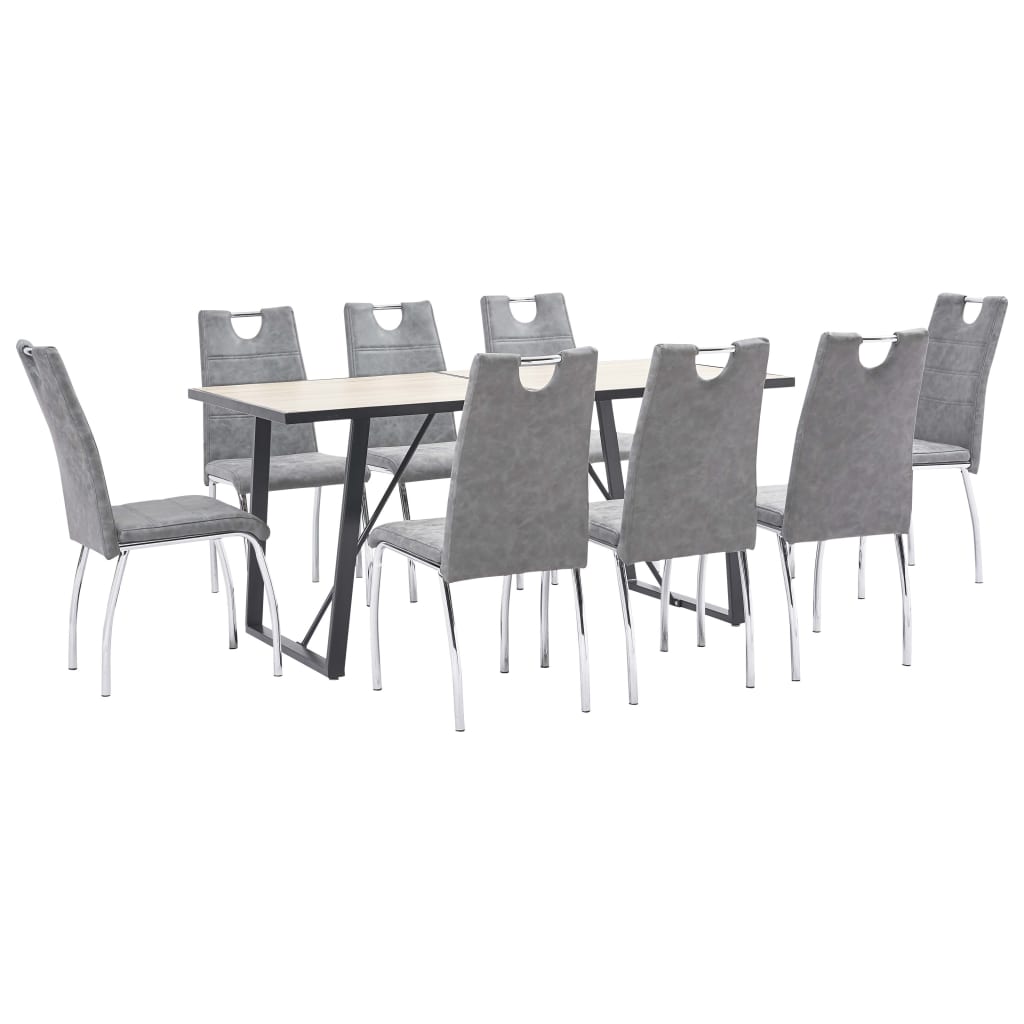 Set de 9 piese masa cu 8 scaune consola bucatarie, vidaXL, Piele ecologica/Lemn stejar/Otel, 160 x 80 x 75cm, Gri