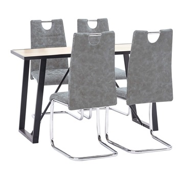 Set de 5 piese masa cu 4 scaune consola bucatarie, vidaXL, Piele ecologica/Lemn stejar/Otel, 140 x 70 x 75cm, Gri inchis Set de 5 piese masa cu 4 scaune consola bucatarie, vidaXL, Piele ecologica/Lemn stejar/Otel, 140 x 70 x 75cm, Gri inchis