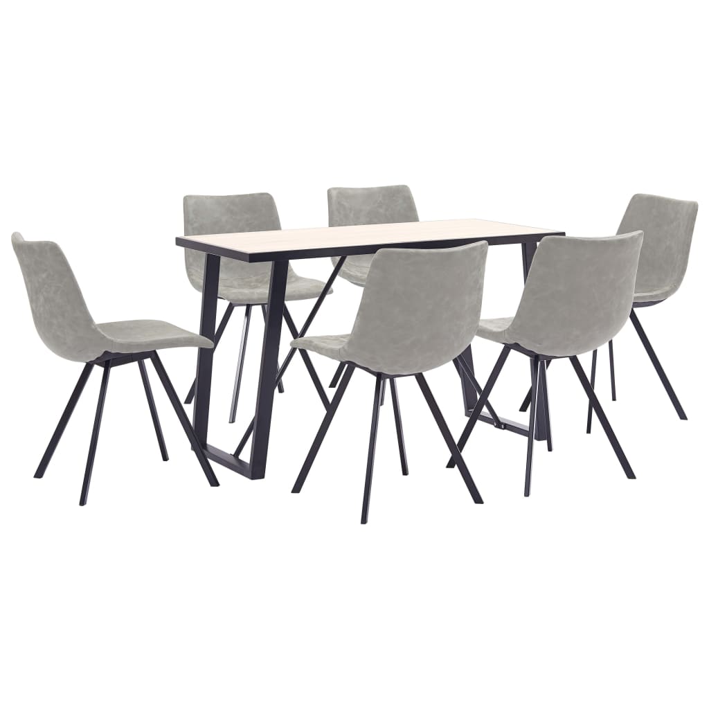 Set de 7 piese masa cu 6 scaune de bucatarie, vidaXL, Piele ecologica/Lemn stejar/Metal, 120 x 60 x 75 cm, Gri deschis mat