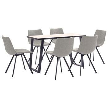 Set de 7 piese masa cu 6 scaune de bucatarie, vidaXL, Piele ecologica/Lemn stejar/Metal, 120 x 60 x 75 cm, Gri deschis mat Set de 7 piese masa cu 6 scaune de bucatarie, vidaXL, Piele ecologica/Lemn stejar/Metal, 120 x 60 x 75 cm, Gri deschis mat