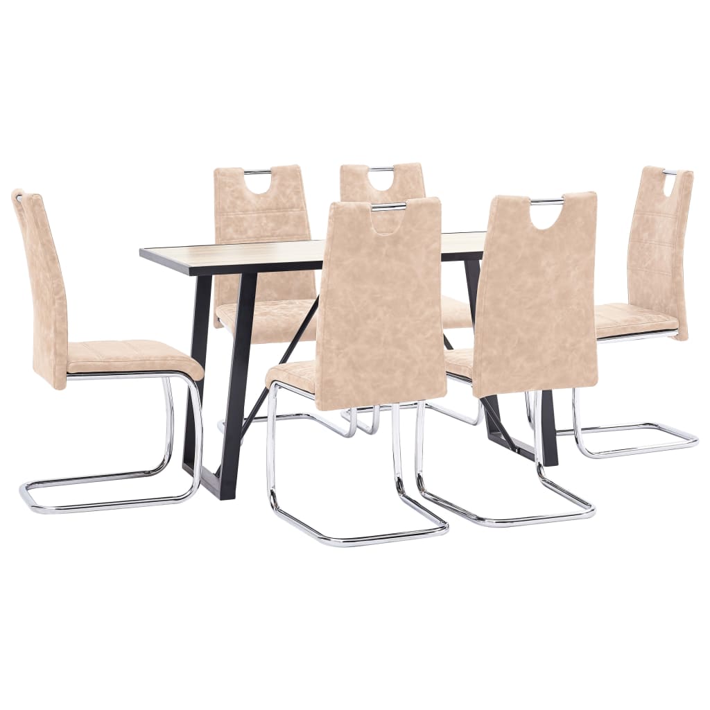 Set de 7 piese masa cu 6 scaune consola bucatarie, vidaXL, Piele ecologica/Lemn stejar/Otel, 140 x 70 x 75cm, Crem
